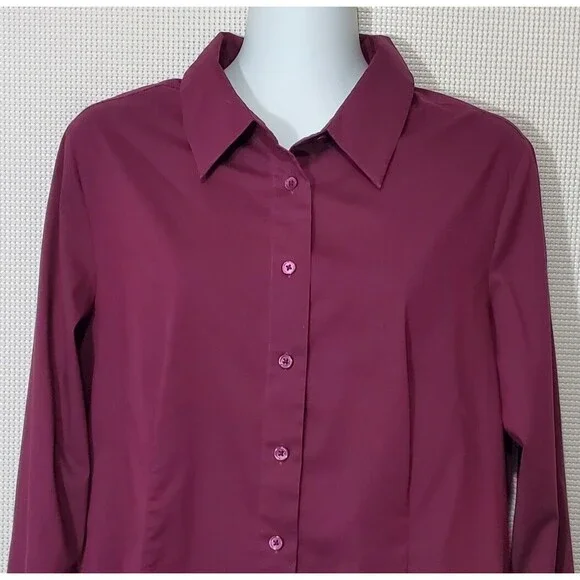 Doncaster Button Up Blouse Womens 14 Burgundy Top Stretch Long Sleeve Business - Picture 2 of 11